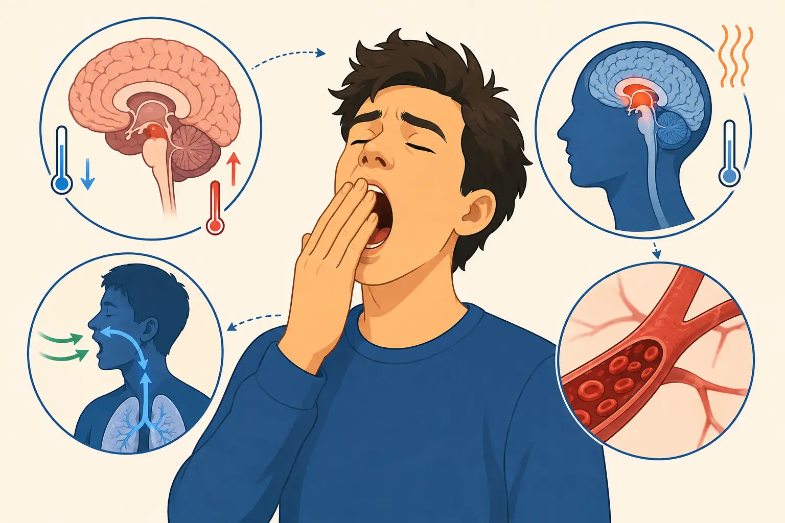 Realistic editorial illustration about Why Do We Yawn What Science Knows About This Everyday Reflex