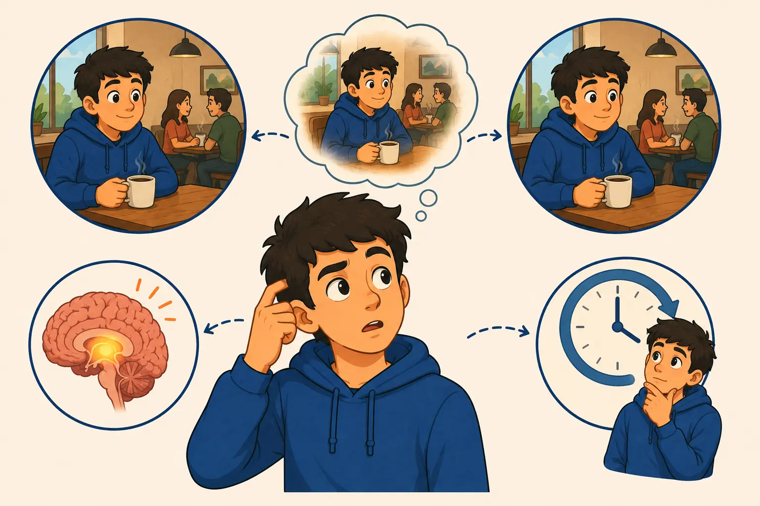 Realistic editorial illustration about What Is Déjà Vu, and Why Does a New Moment Feel Familiar